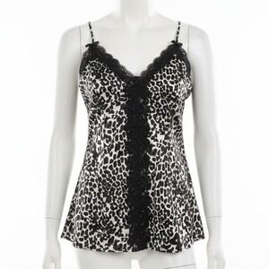 Enchanting Leopard Print Satin Cami Top Size M Lace Trim Animal Print Chemise